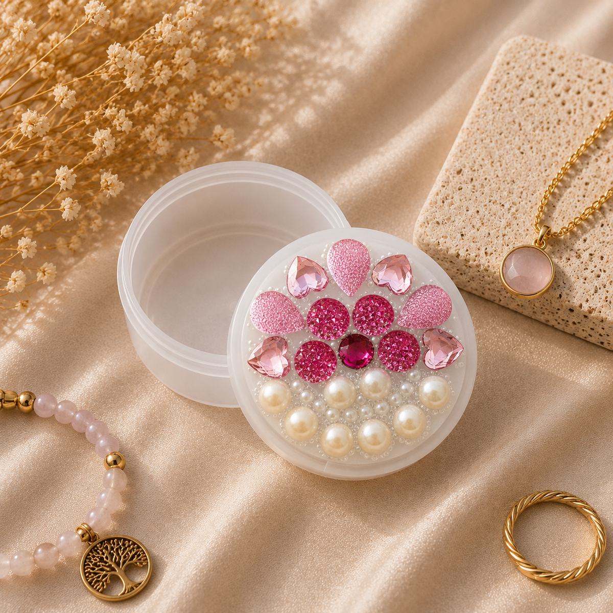 Stein Pouch Dose - Rosa + Perlen